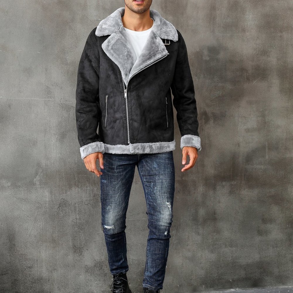 Black Casual Mens Zip Up Lapel Neck Teddy Lined Coat - Picture 8 of 8